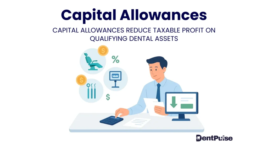 Capital allowances illustration showing dentist calculating tax relief on dental assets like chairs, equipment, and software to reduce taxable profit