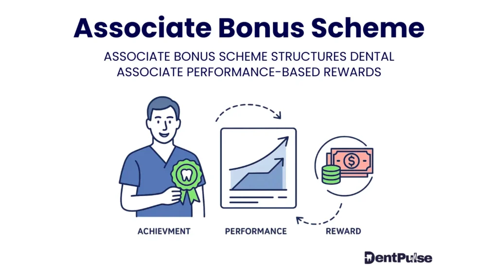 Associate bonus scheme illustration showing dentist with award, performance graph, and money rewards symbolising performance-based pay in dental practices