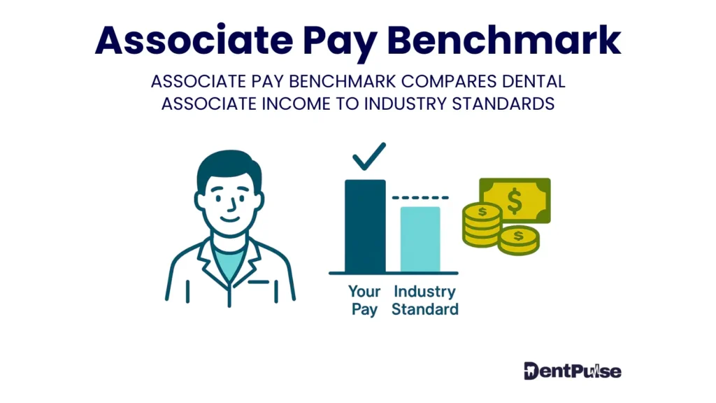 Associate pay benchmark illustration showing dentist, bar chart comparing pay against industry standard, and coins representing dental associate income
