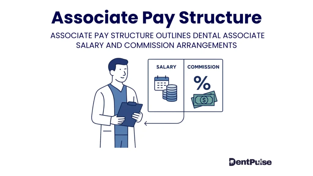 Associate pay structure illustration showing dentist with salary and commission options, highlighting dental associate compensation models