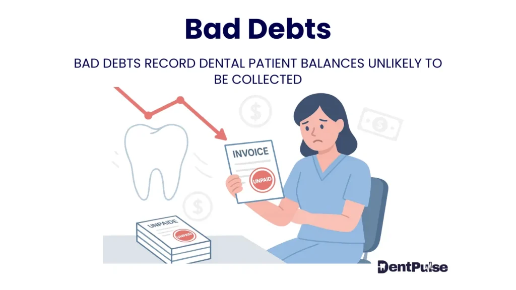 Bad debts illustration showing dental staff with unpaid invoice, stack of bills, and downward graph symbolising uncollected patient balances