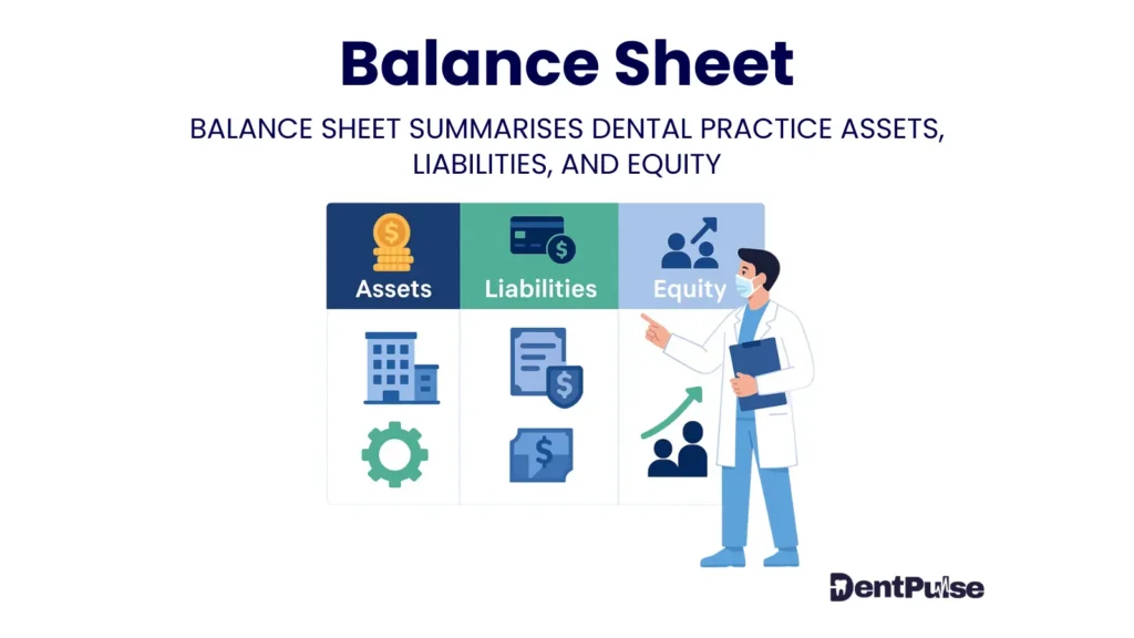 Illustration of balance sheet concept for dental practices, showing key financial elements: assets, liabilities, and equity