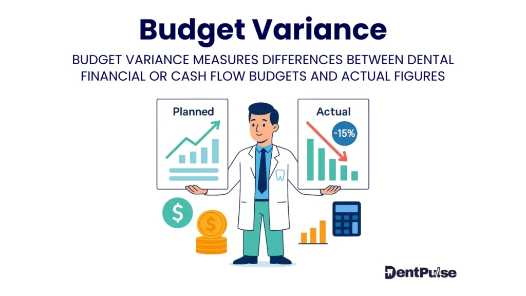 Budget variance illustration showing dentist comparing planned vs actual financial results with charts, coins, and calculator representing dental practice performance gaps