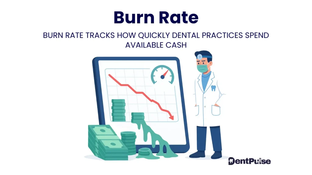 Burn rate illustration showing dentist, melting cash stacks, and chart with downward red line symbolising rapid spending of dental practice reserves
