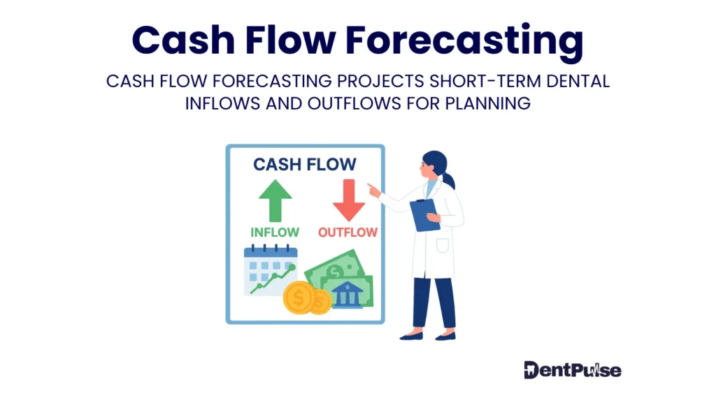 Cash flow forecasting illustration showing dentist with inflow and outflow chart representing future cash planning for dental practices