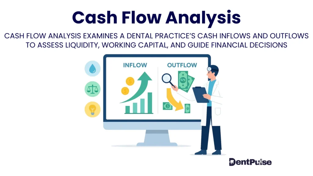 Illustration of dental cash flow analysis highlighting money movement, inflows, outflows, and financial decision-making