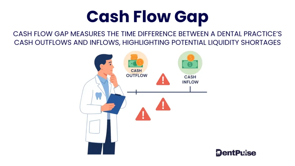 Visual representation of cash flow gap in dentistry with inflow and outflow mismatch causing liquidity risks
