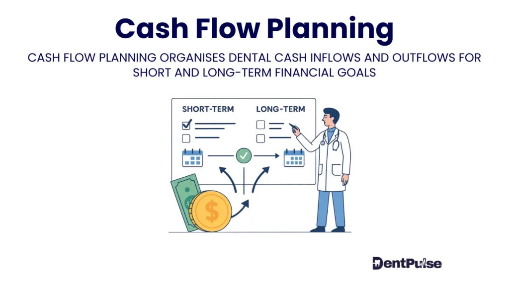 Cash flow planning illustration showing dentist reviewing short-term and long-term inflows and outflows with checklist and coins, representing financial planning in dental practices