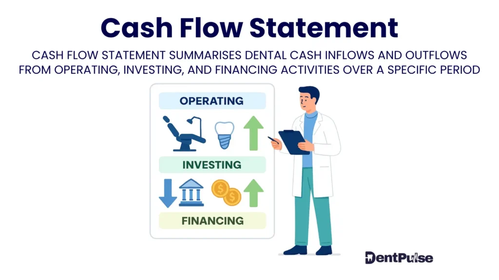 Cash flow statement illustration showing dentist reviewing operating, investing, and financing cash inflows and outflows for dental practice financial reporting