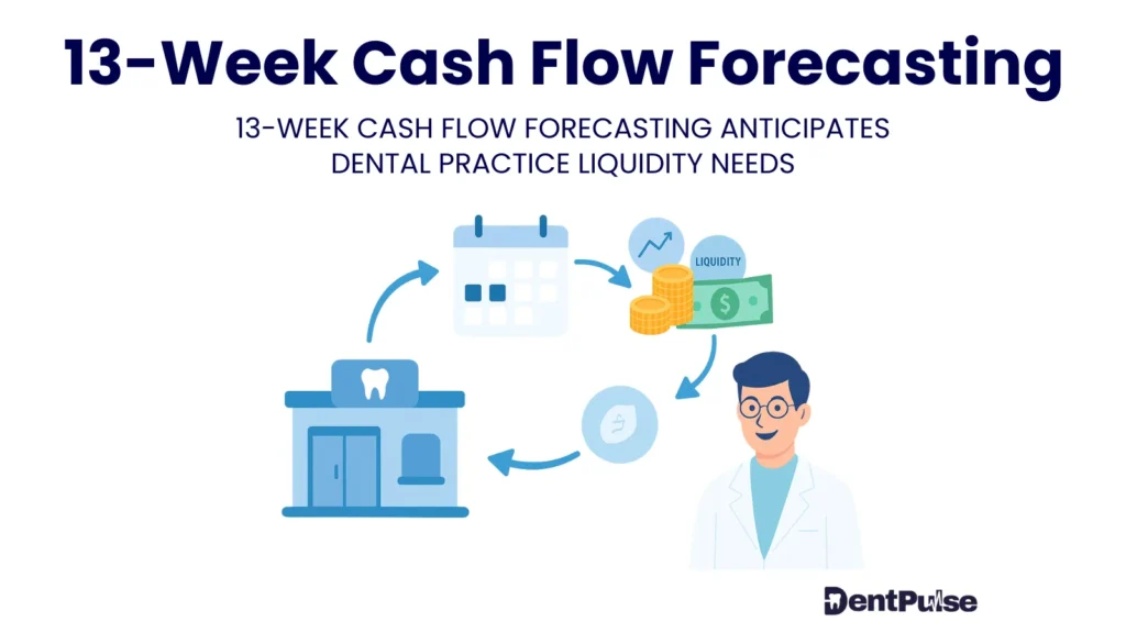 Illustration of 13-week cash flow forecasting for dental practices, showing dentist, clinic, calendar, and liquidity cycle to highlight cash inflow and outflow planning.