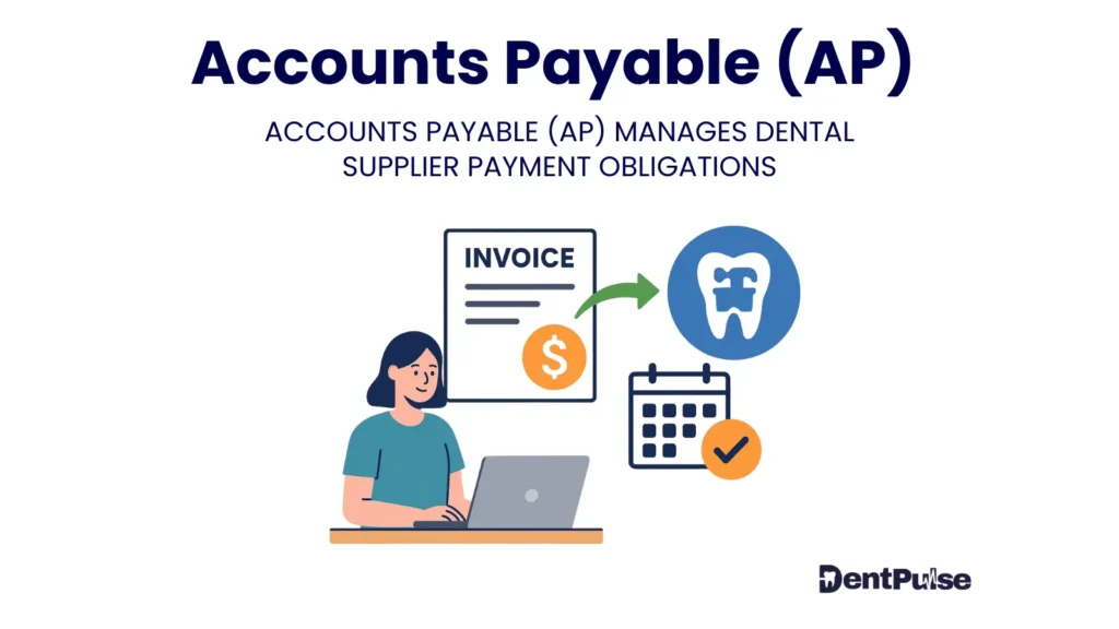 Accounts payable (AP) illustration showing dentist managing supplier invoice, calendar, and payment obligations for dental practice cash flow