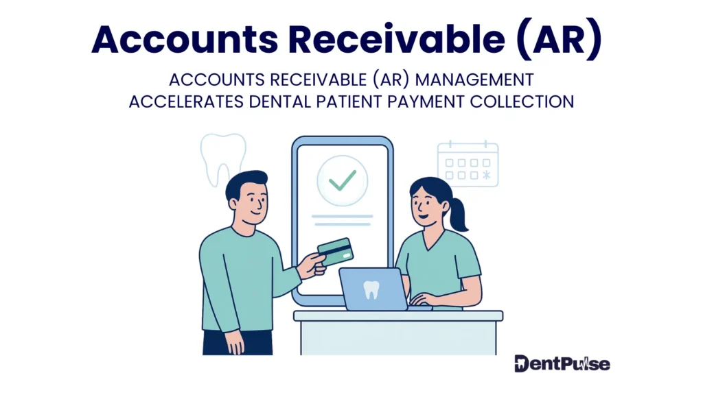 Visual representation of accounts receivable in dentistry with patient card payment, receptionist, and approved transaction symbol