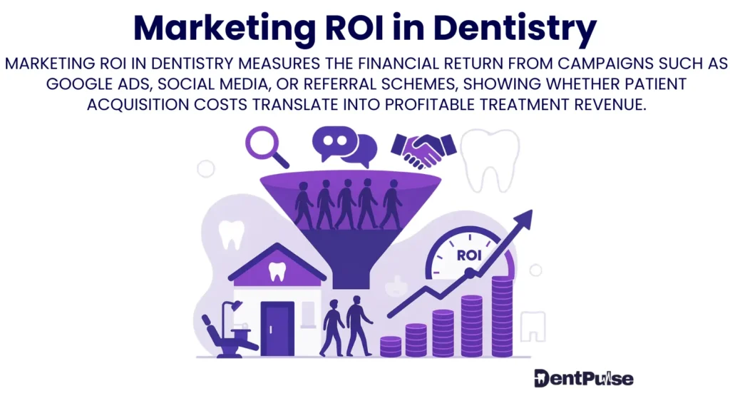 Marketing ROI in Dentistry illustration showing patient funnel, ROI growth chart, and financial return from campaigns like Google Ads, social media, and referrals