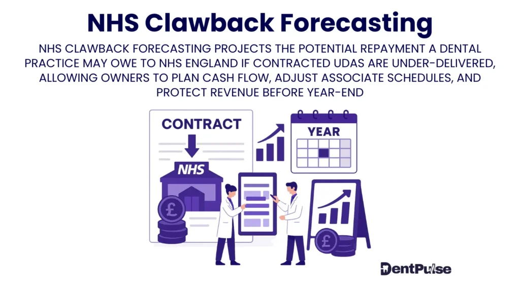 Illustration of NHS clawback forecasting in dental practices showing contract documents, UDA shortfall projections, and year-end repayment risks