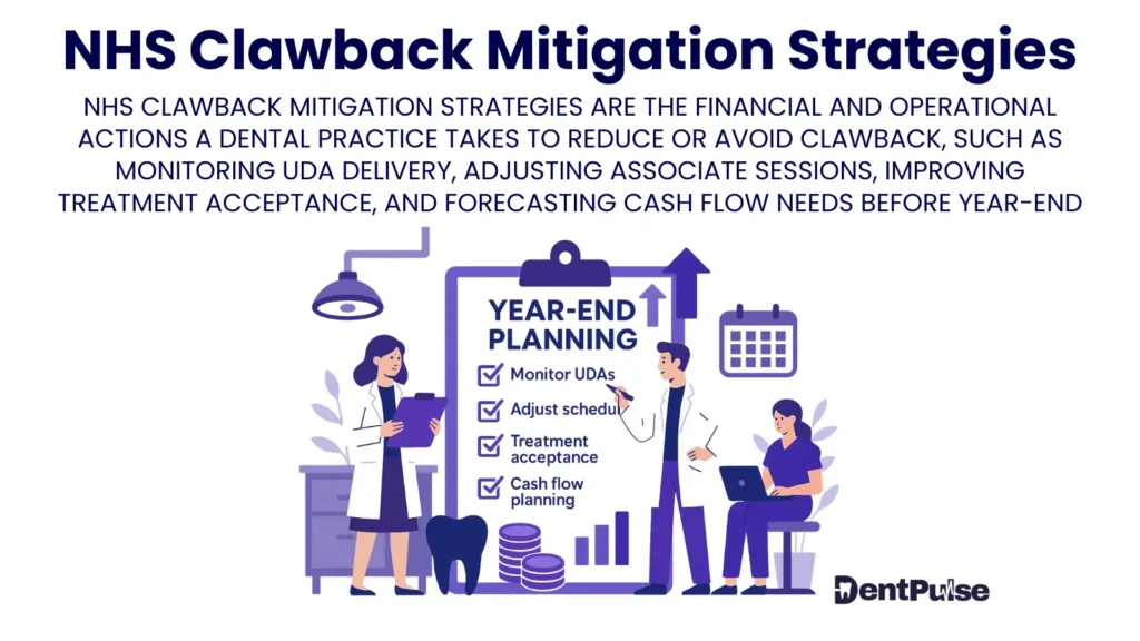Illustration of NHS clawback mitigation strategies showing year-end planning checklist with UDA monitoring, associate scheduling, treatment acceptance, and cash flow planning
