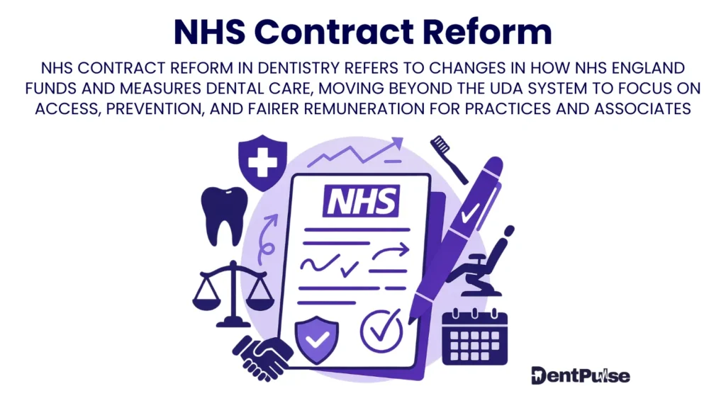 Visual explanation of NHS dental contract reform with access, prevention, and fair remuneration represented by NHS paper, handshake, and calendar icons