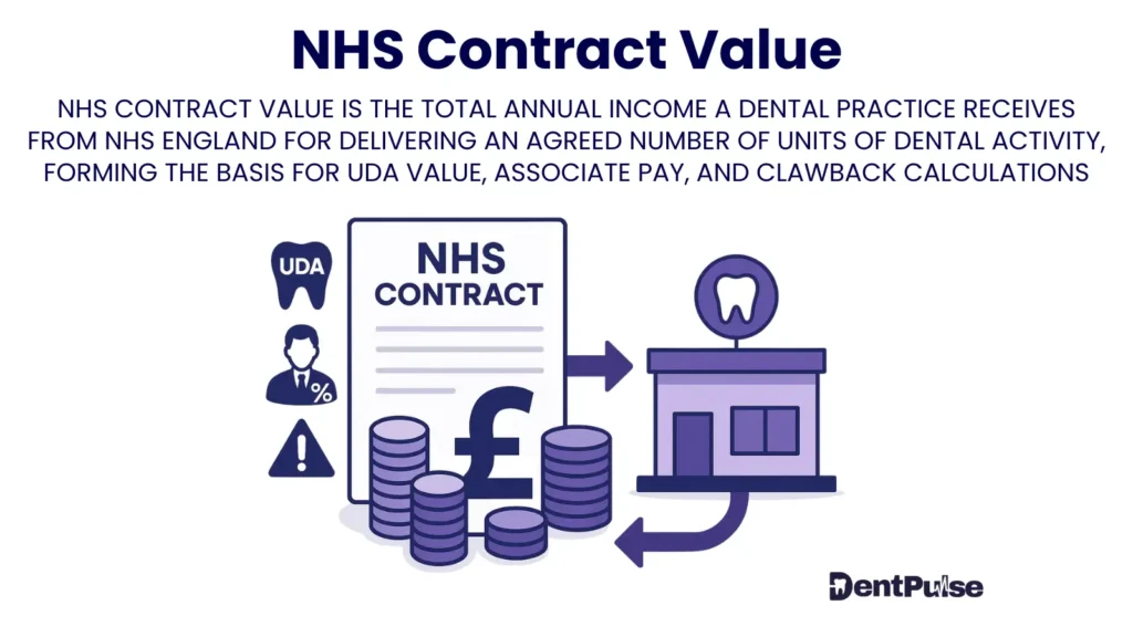 Graphic explaining NHS contract value in dentistry, highlighting UDAs, financial agreement, and impact on cash flow and practice profitability