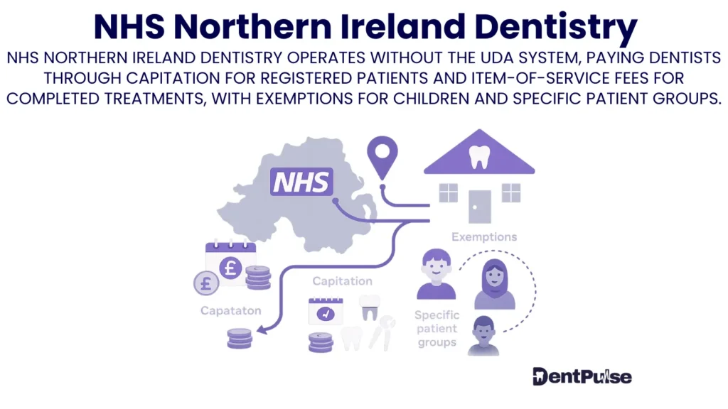 NHS Northern Ireland Dentistry illustration showing capitation payments, fee-per-item treatment charges, and exemptions for children and specific patient groups
