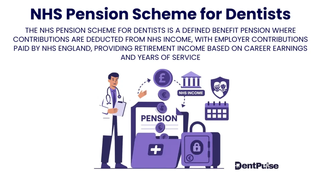 Graphic of NHS pension scheme highlighting dentist contributions, employer percentage, pension fund, and retirement planning under NHSBSA