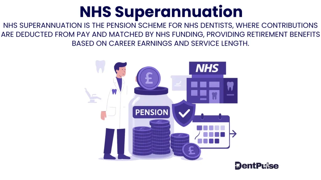 NHS Superannuation illustration showing dentist, pension jar, NHS building, and calendar to represent pension contributions and retirement planning