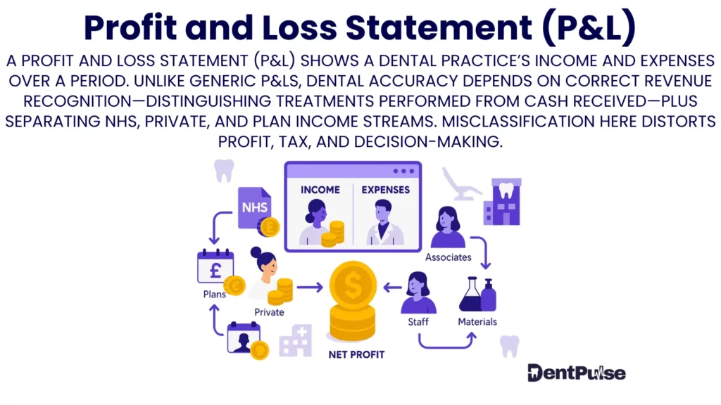 Dental practice profit and loss statement graphics showing NHS, private, and plan income against associate pay, staff wages, lab materials, and net profit calculation