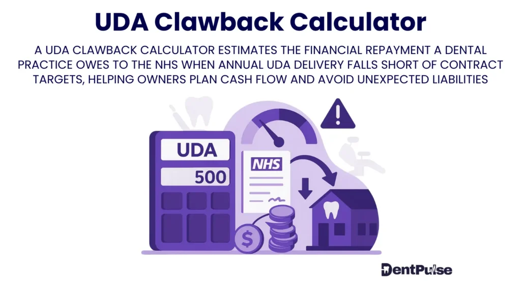 UDA Clawback Calculator showing NHS contract shortfall and repayment risk for dental practices