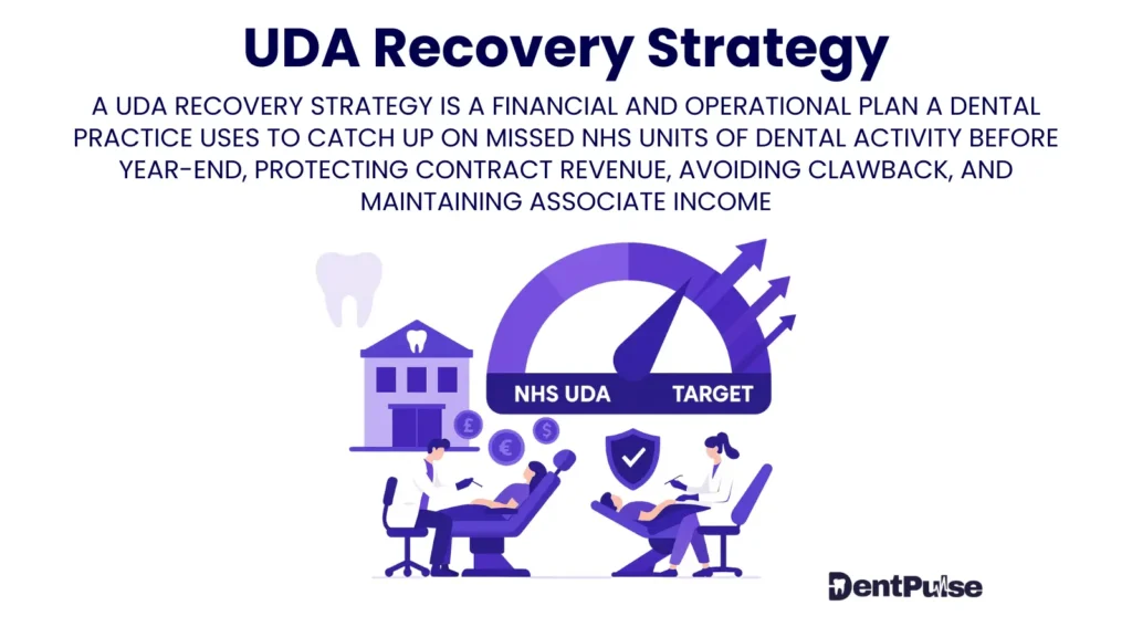UDA Recovery Strategy showing NHS contract target tracking with dentists working towards UDA delivery