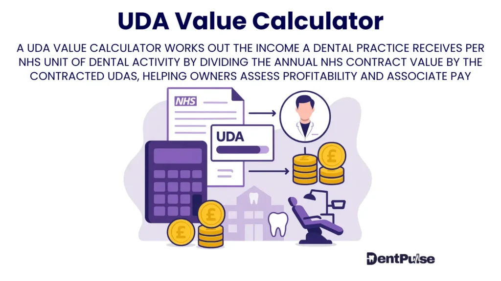 UDA Value Calculator illustration with NHS document, dentist profile, and financial metrics for profitability tracking