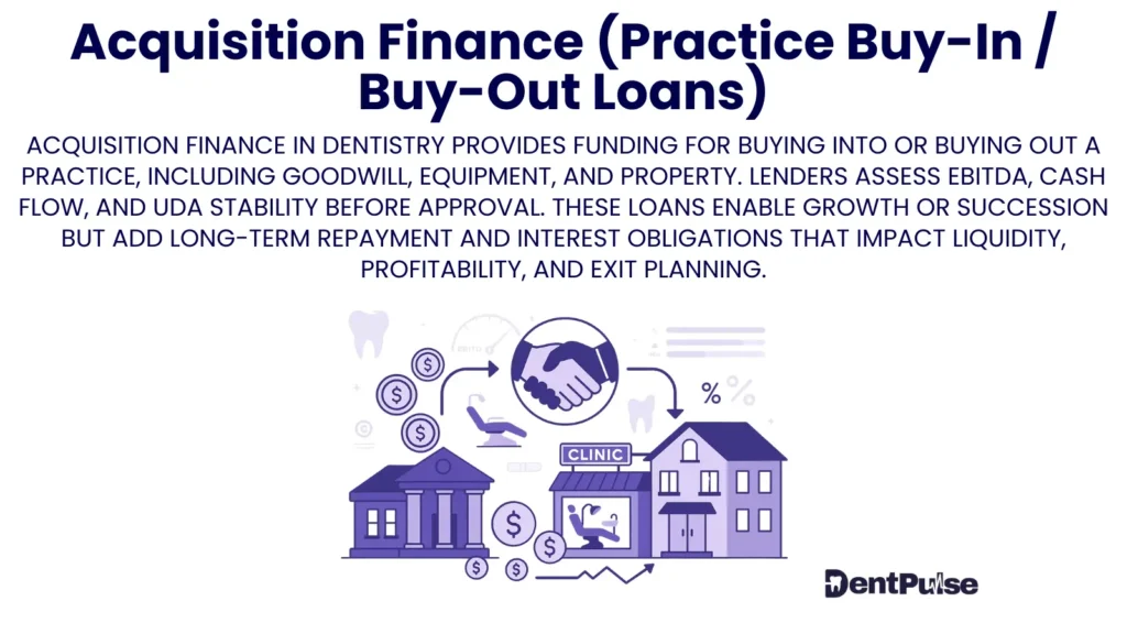 Acquisition Finance dental practice loan illustration highlighting clinic purchase, partnership exits, and ownership growth