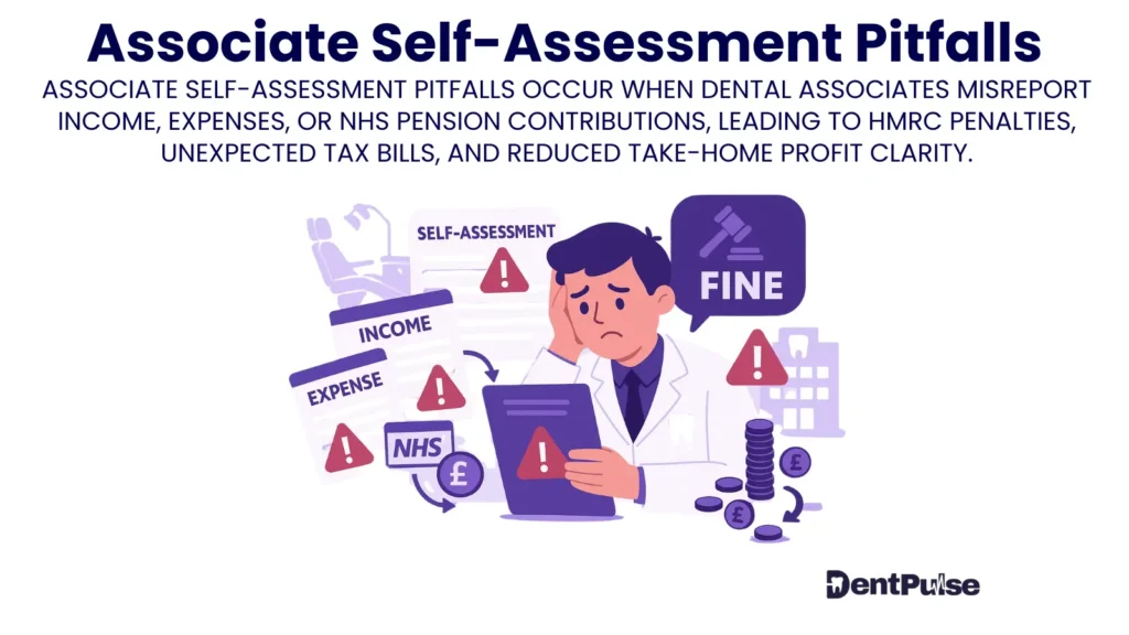 Associate Self-Assessment Pitfalls concept image highlighting errors in tax reporting, NHS pension deductions, and HMRC fines