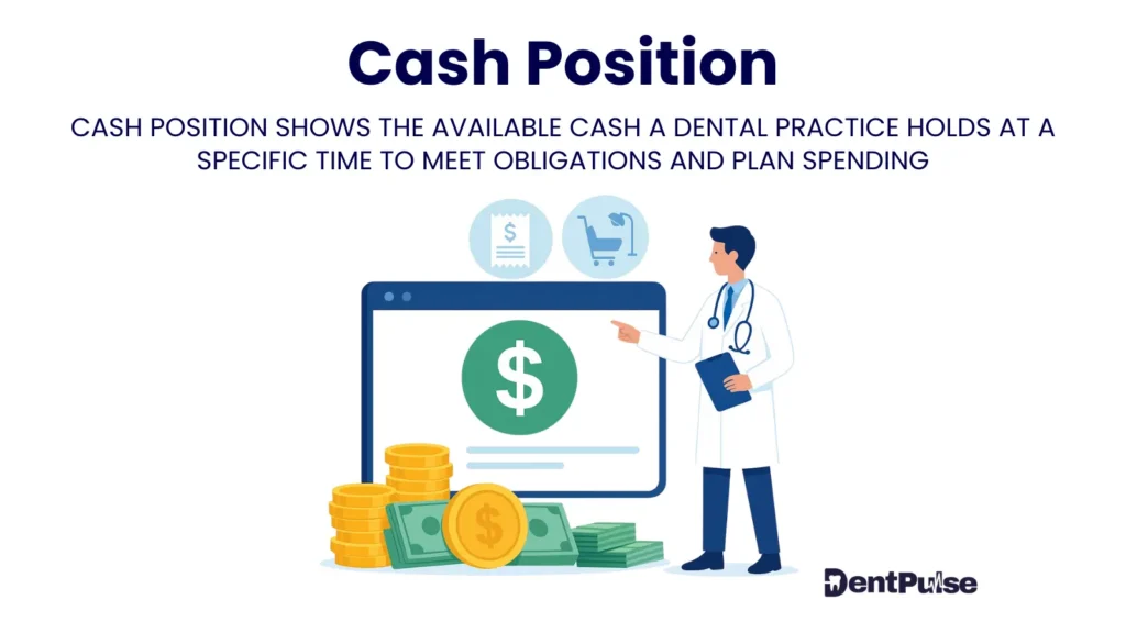 Cash position in dental practice – DentPulse tracks available cash balance, obligations, and liquidity with live bank feeds and predictive tools