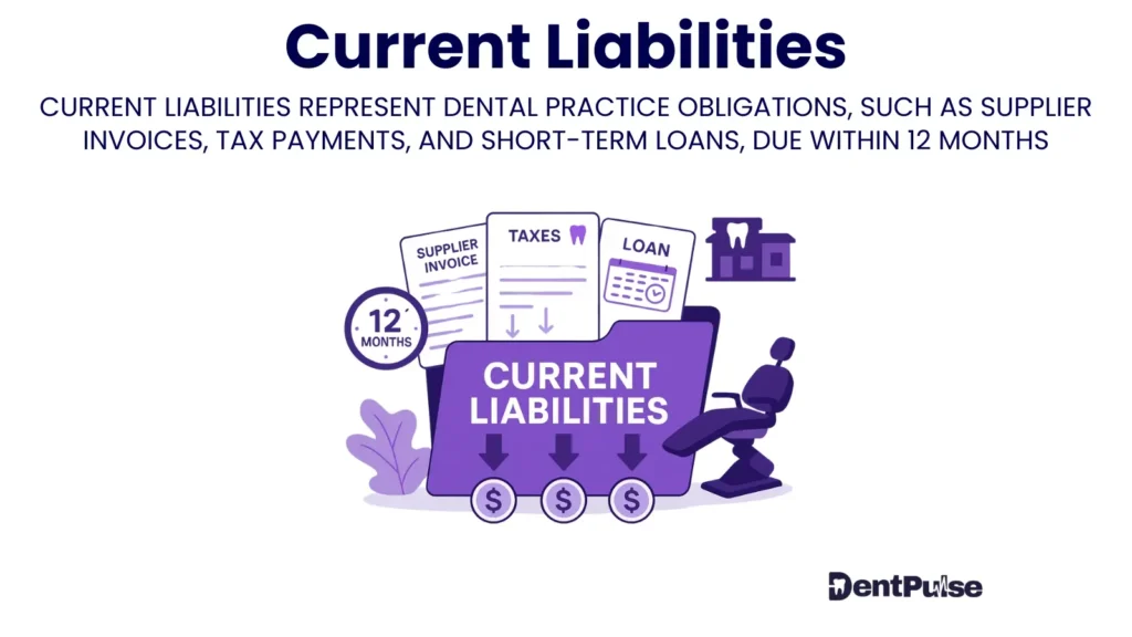 Dental practice current liabilities illustration showing supplier invoices, tax payments, and short-term loans due within 12 months
