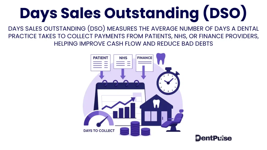 Dental practice Days Sales Outstanding (DSO) illustration showing patient, NHS, and finance payment delays with cash flow chart