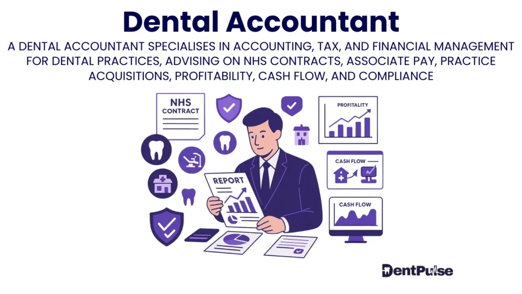 Dental accountant advising a practice owner on NHS contracts, tax, cash flow, and profitability reports