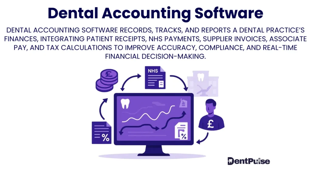 Dental accounting software illustration showing financial dashboard with charts, NHS payments, and practice expenses