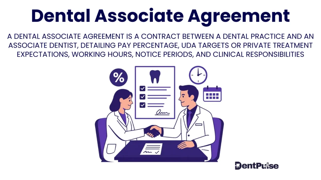 Dental associate agreement visual showing contract signing with pay percentage, treatment checklist, and working hours to explain associate pay structure and responsibilities