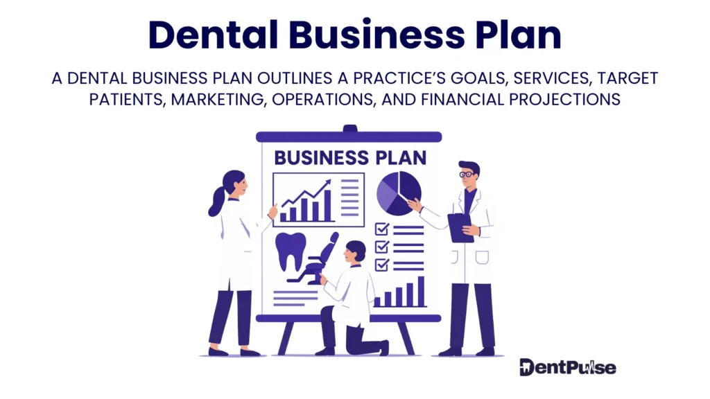 Dental business plan illustration showing dentists reviewing charts, graphs, and strategy documents to plan growth, revenue, staffing, and financial forecasts