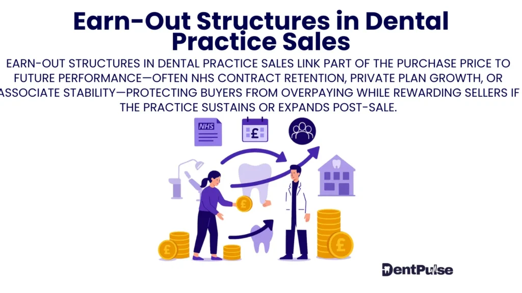 Earn-out structures in dental practice sales showing dentist and buyer agreement with revenue, NHS contracts, and patient retention triggers