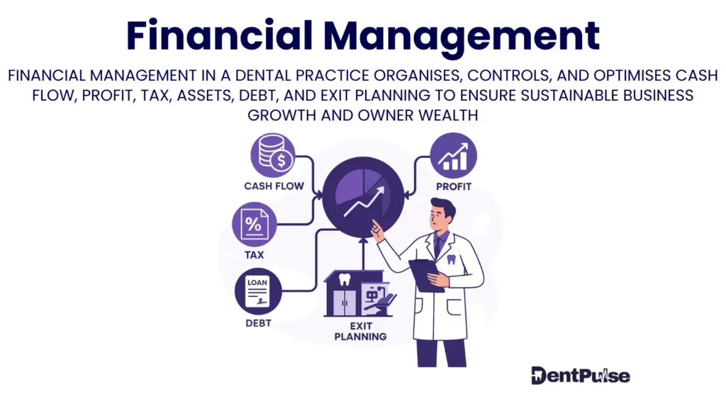 Financial management in dental practice illustration showing cash flow, profit, tax, debt, assets, and exit planning for sustainable growth