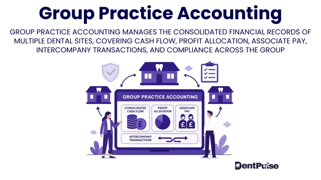 group practice accounting illustration showing managing multi-site clinic finances with unified reporting, intercompany transfers, and associate tracking