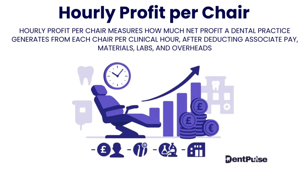 hourly profit per chair graphic showing measuring net margin after associate pay, labs, materials, and overhead with visual chart of chair efficiency and profit growth