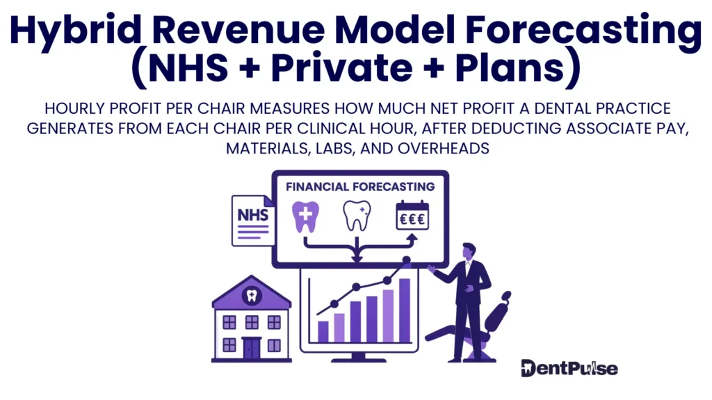 Dental hybrid revenue forecasting illustration showing NHS, private, and plan income mix with graphs, clinic, and profit planning visuals