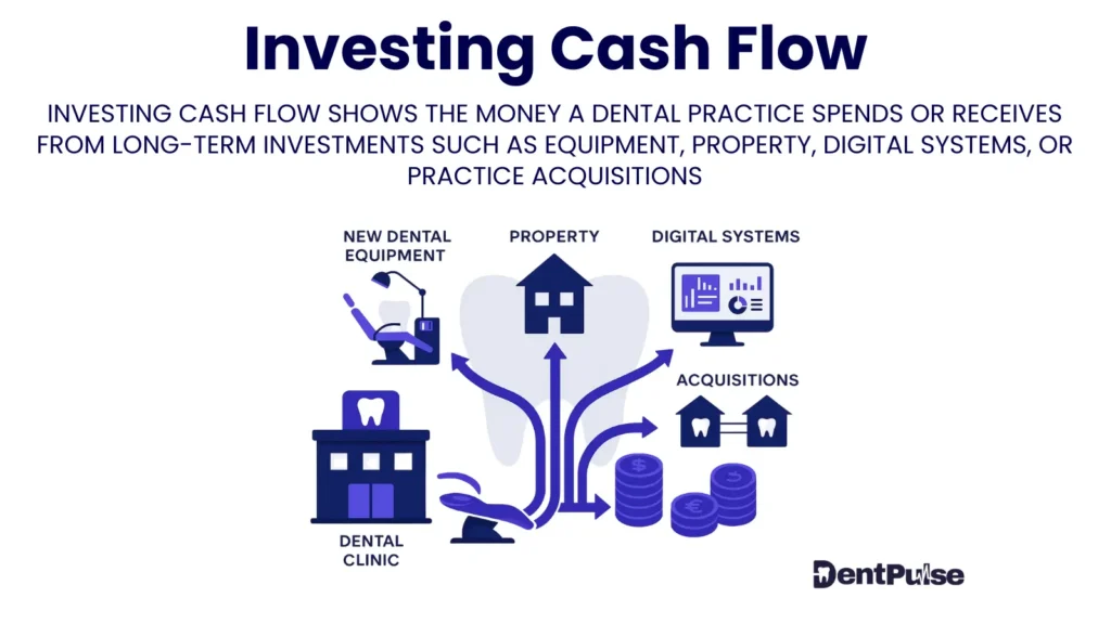 Dental investing cash flow illustrations showing outflows for scanners, property, digital tools, and acquisitions linked to long-term growth decisions
