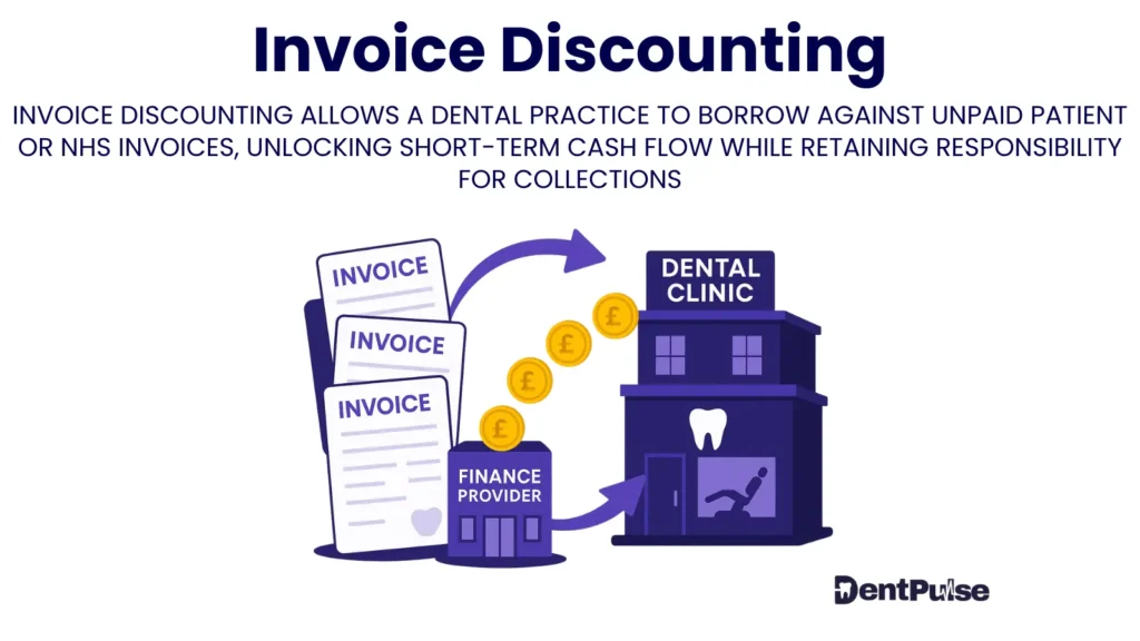 Invoice discounting in dental practices showing borrowing against unpaid NHS or patient invoices to improve cash flow