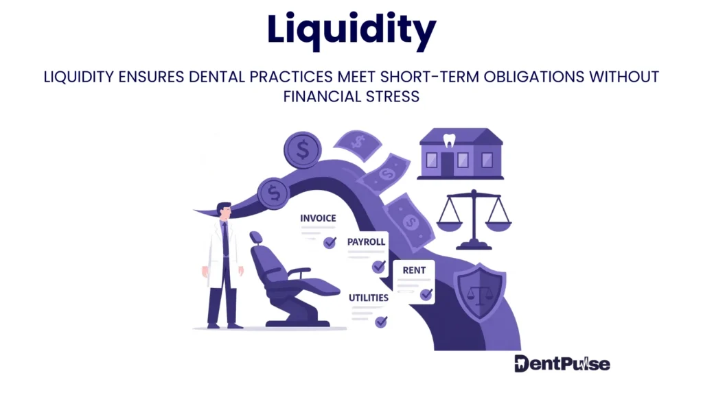 liquidity graphic depicting dentist, clinic chair, bills, and scales to explain cash reserves, 12-week buffer, and short-term financial obligations