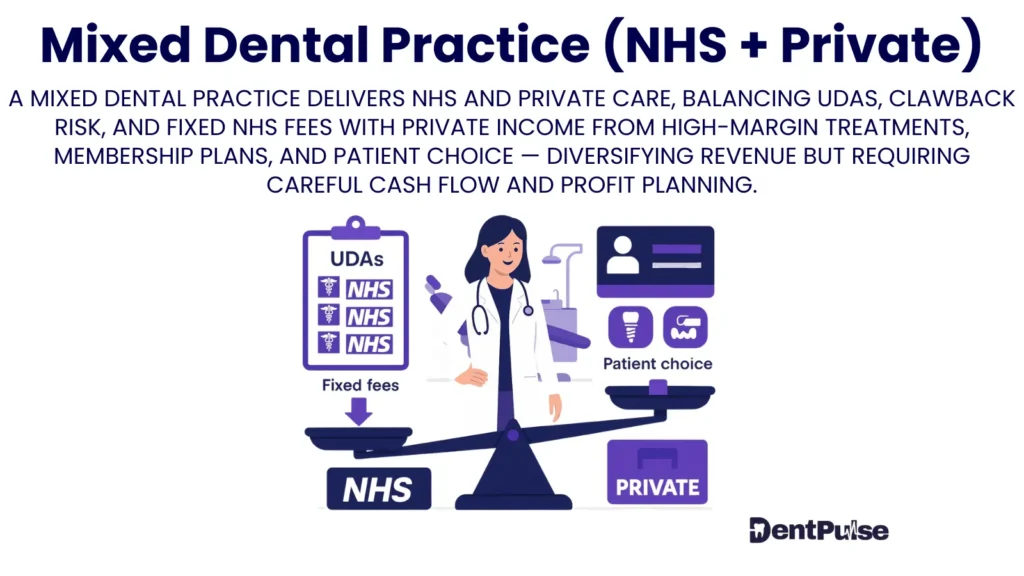 Illustration of mixed dental practice model balancing NHS UDAs with private treatments, showing dentist on seesaw with NHS stability vs private profitability