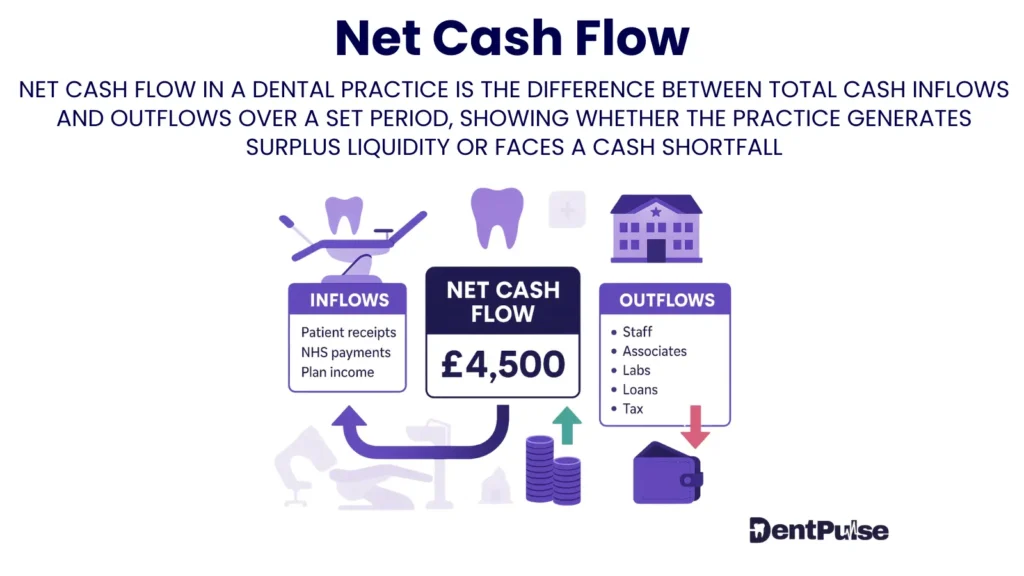 illustrations of net cash flow in dentistry explaining positive vs negative cash balance and its impact on practice survival