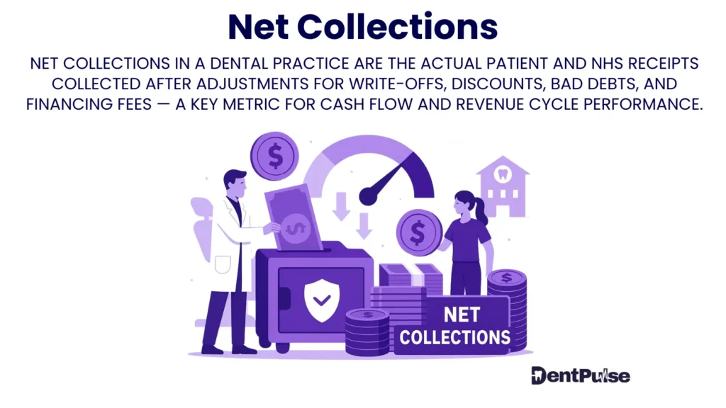 Net collections in dental practice illustrated with dentist, patient, coins, and a gauge showing true cash inflow after refunds and write-offs