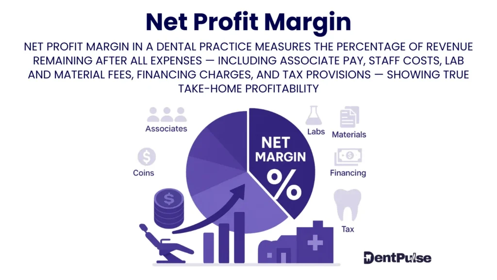 Illustration of net profit margin in dentistry highlighting revenue vs. expenses with bar chart growth, dentist chair, and financial metrics