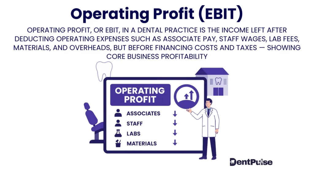 Illustration of operating profit EBIT in dentistry showing dentist beside chart with associates, staff, labs, and materials expenses deducted to calculate profitability